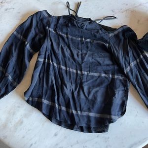 7 for All Mankind black / navy striped blouse. Long sleeve / off shoulder